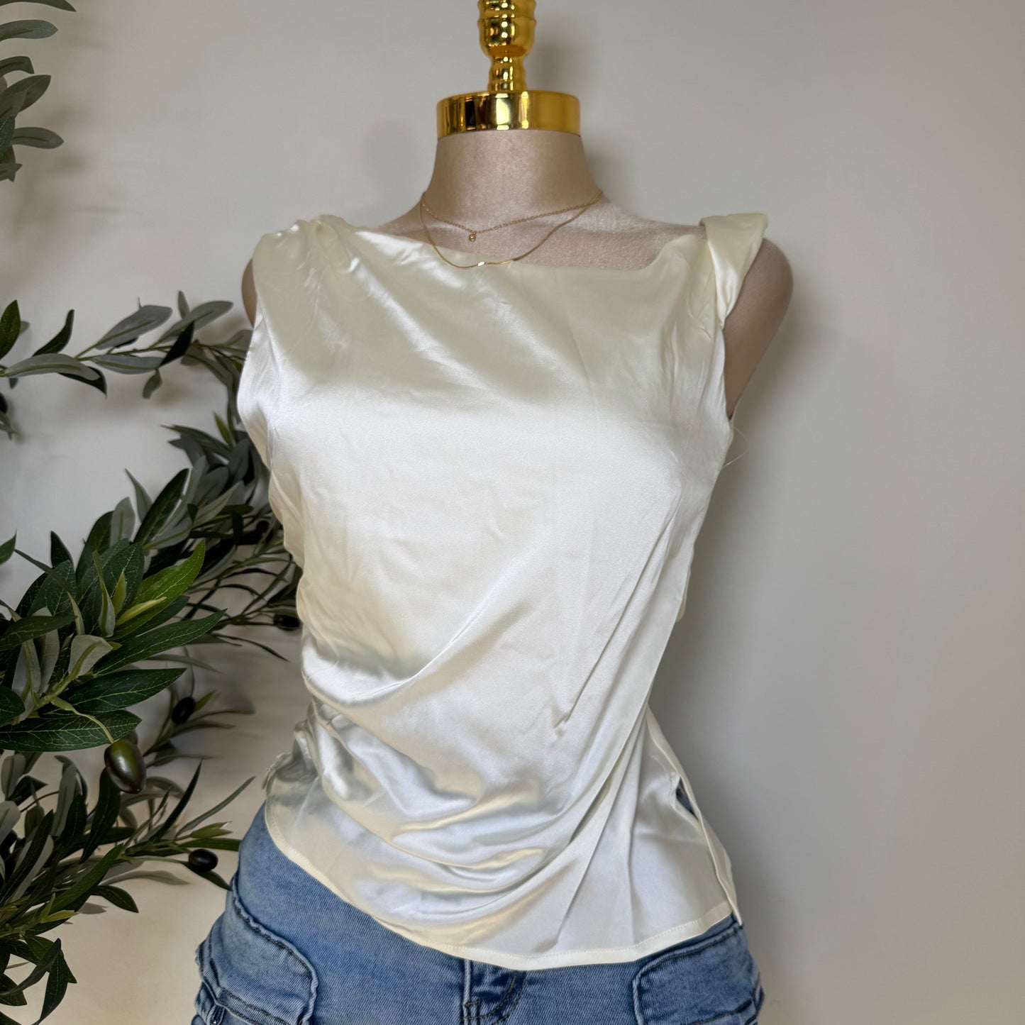 Asymmetrical Satin Top-White
