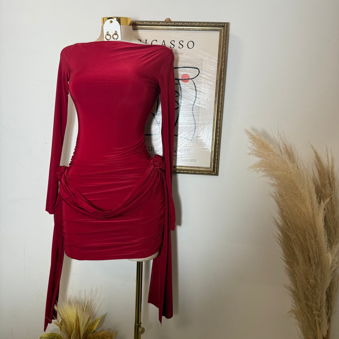 Long Sleeve Ruched Mini Dress-Dark Red