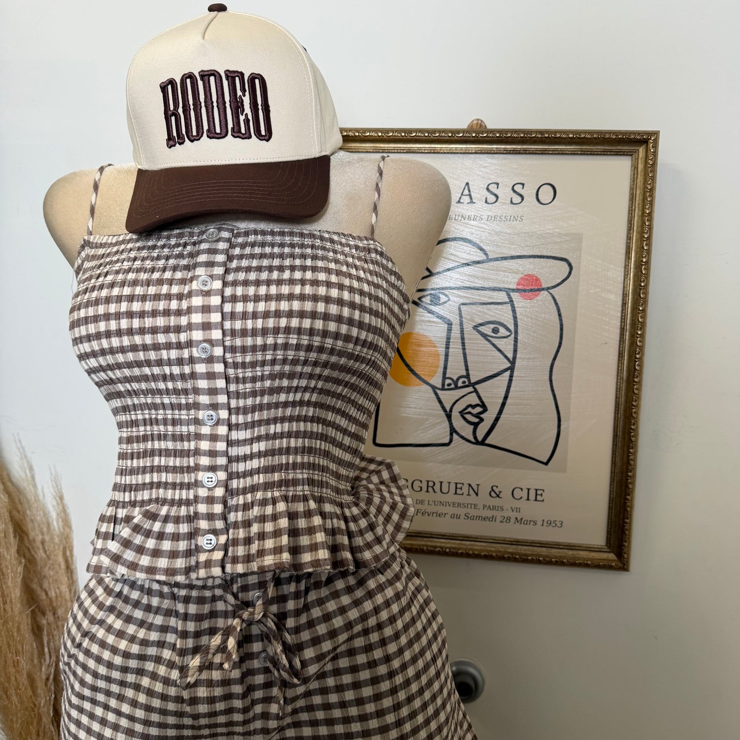 Smocked Gingham Peplum Short Two piece set-Mocha