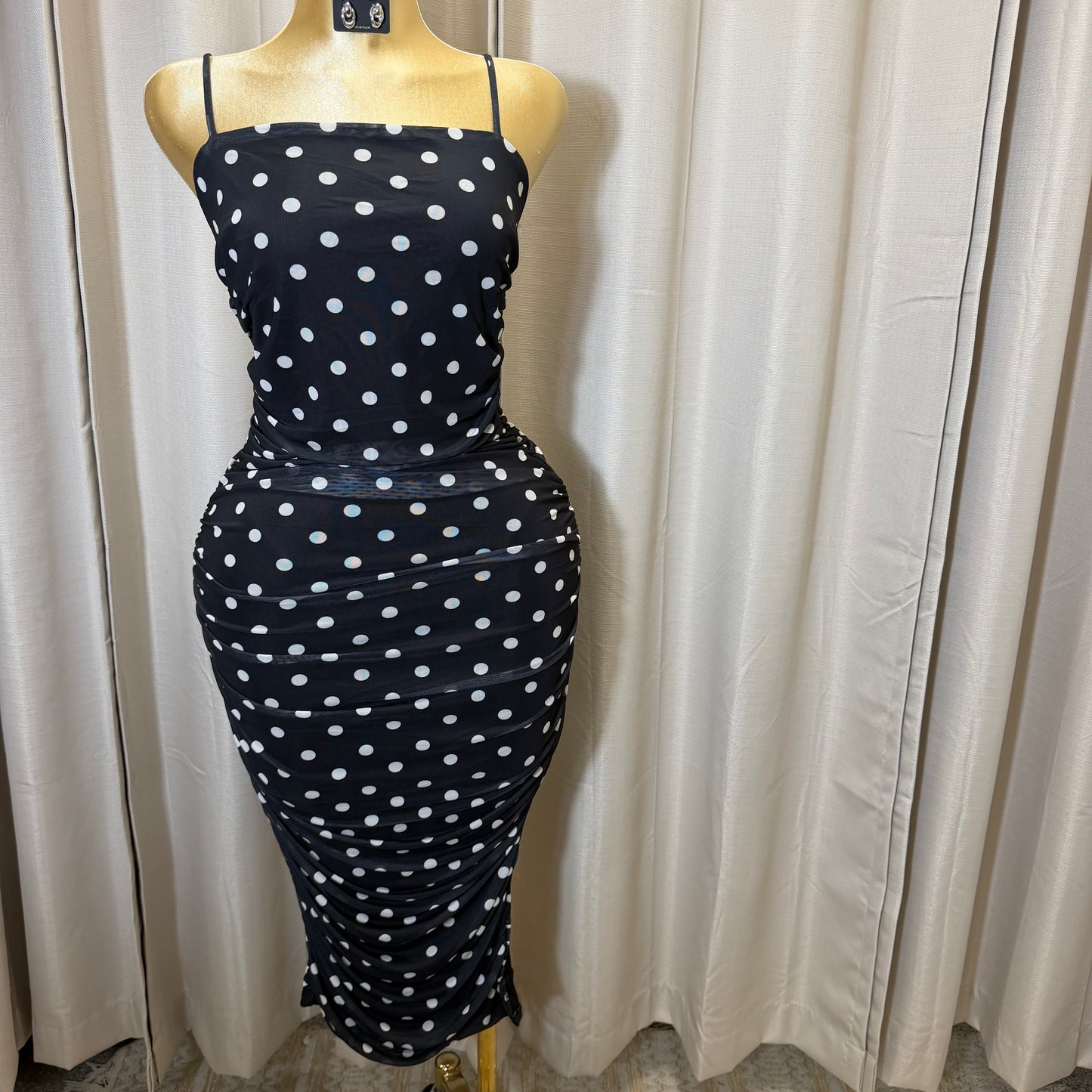 PL-Mesh Polka midi Dress-Black/white