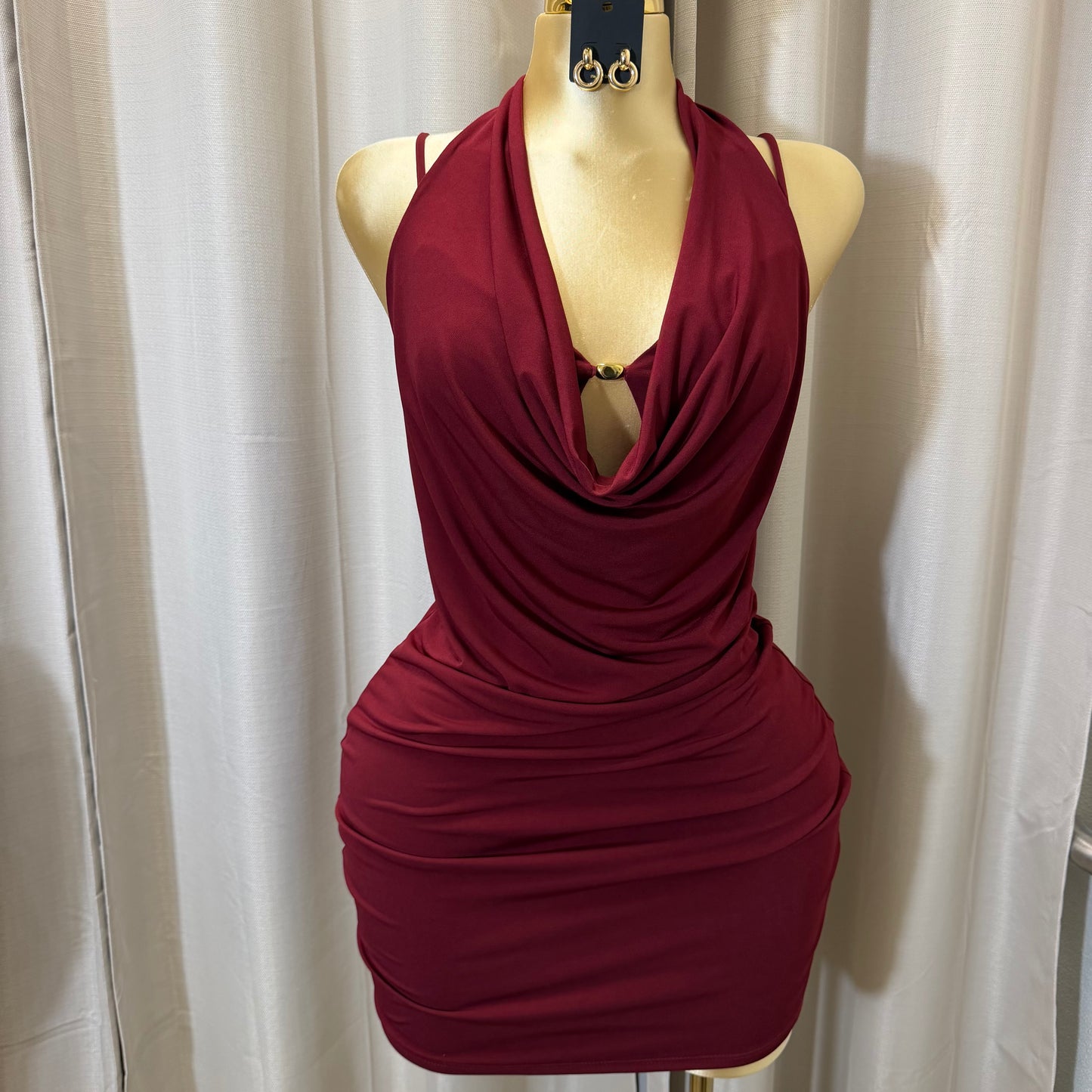 PL-Halter Cowl Neck Dress-Burgundy