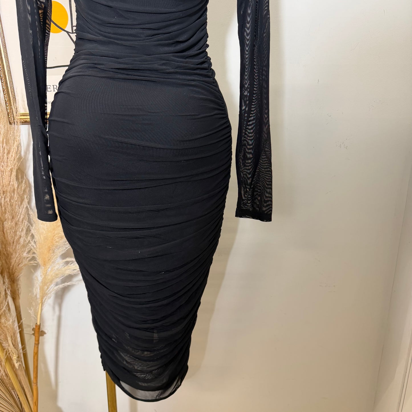 Solid Mesh Mock Neck Midi Long Sleeve Dress-Black