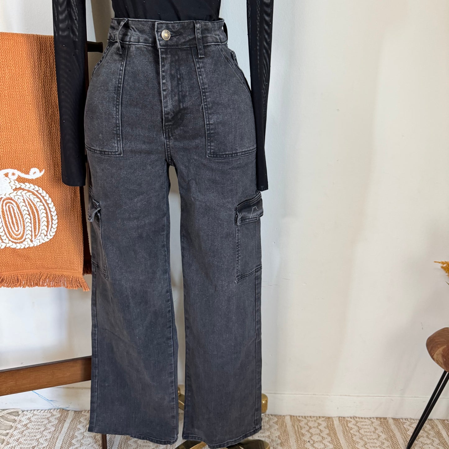 Wide Leg Cargo Jeans- DK Grey Cargo