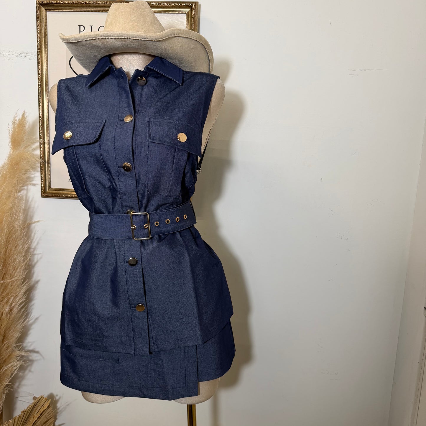 Denim Gold Buckle Belted Pocket Vest Skort Set-Dk Denim