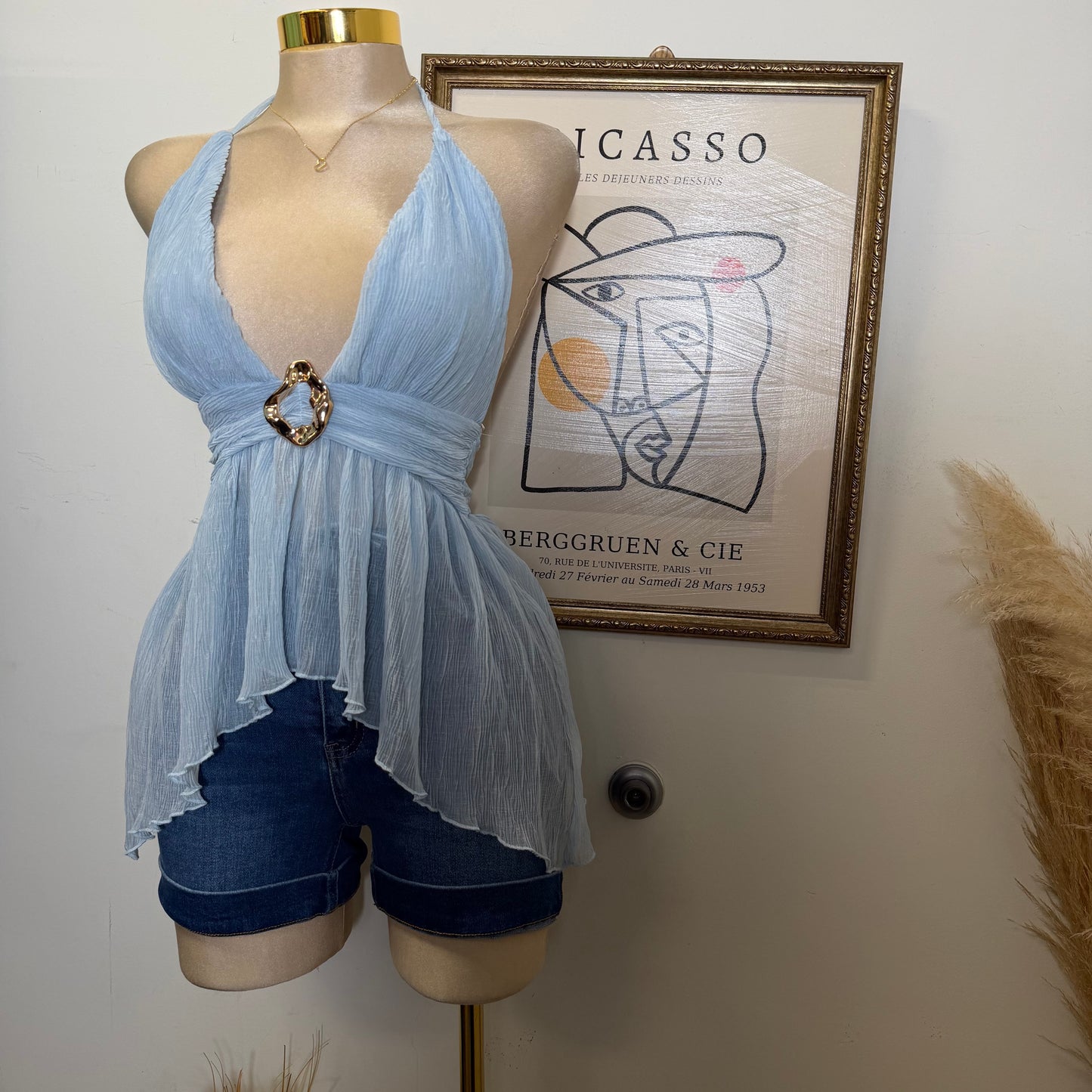 Textured Open back Top With Trim-Blue