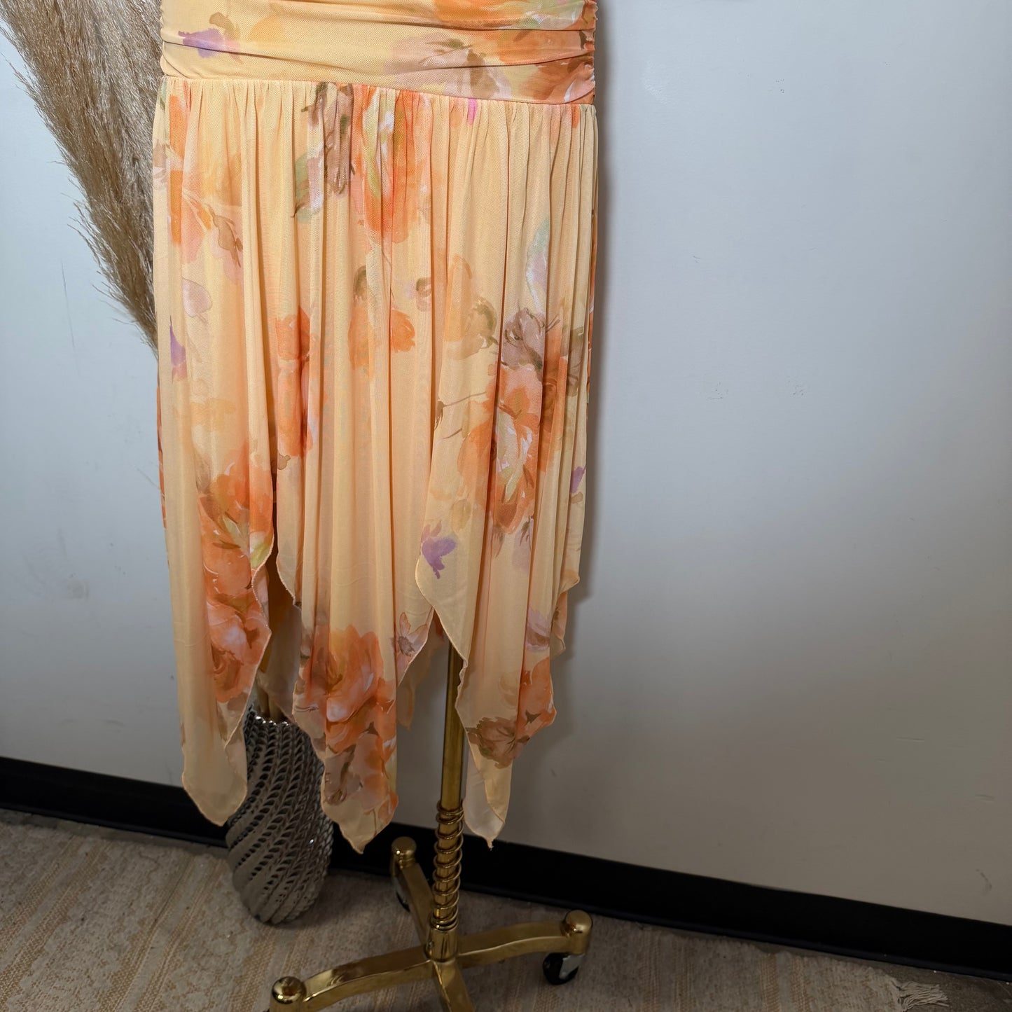 Printed Mesh Strapless Ruched Asymmetric maxi Dress-Peach Orange