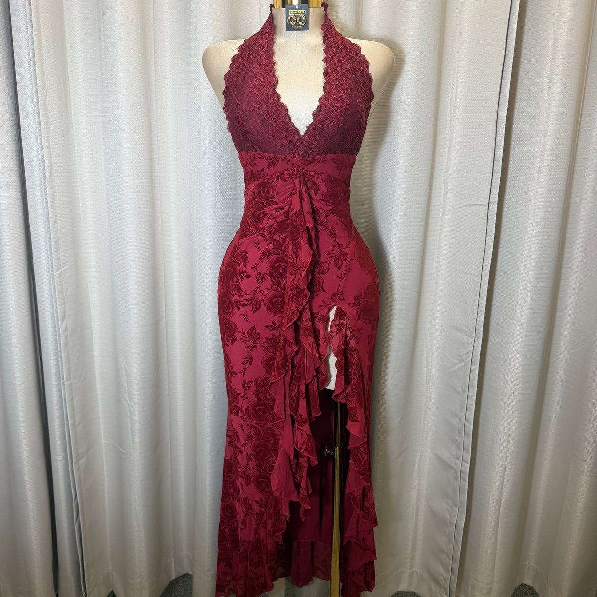 Halter Lace Detail Floral Dress-Red/Burgundy