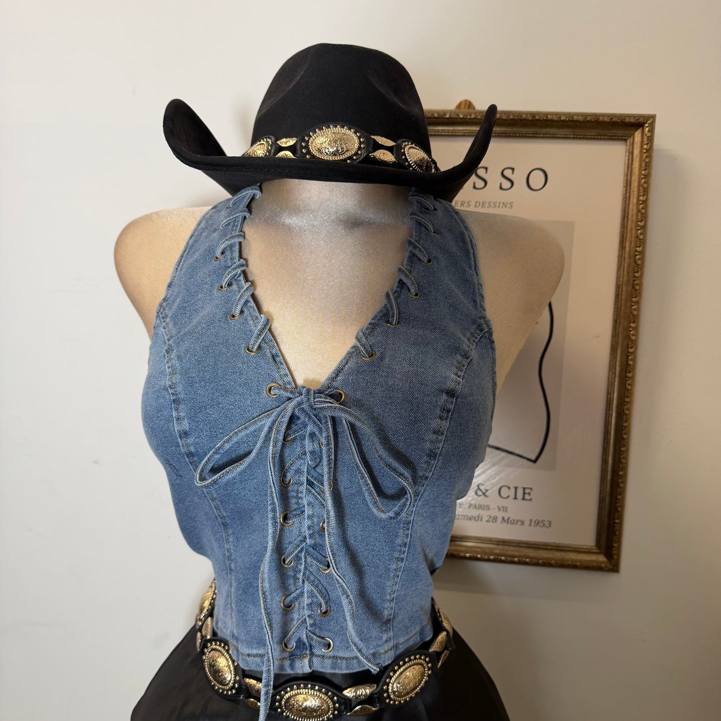 Halter Denim Lace Up Vest-Denim