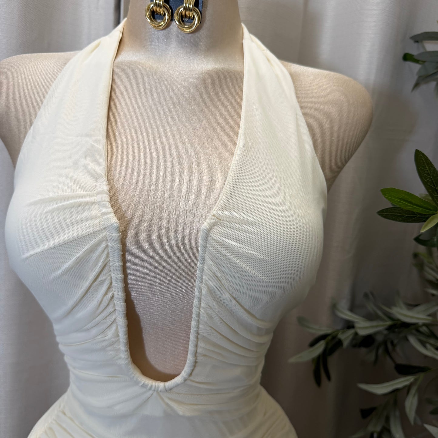 Ruched Plunging Halter Bodycon Mini Dress-Ivory