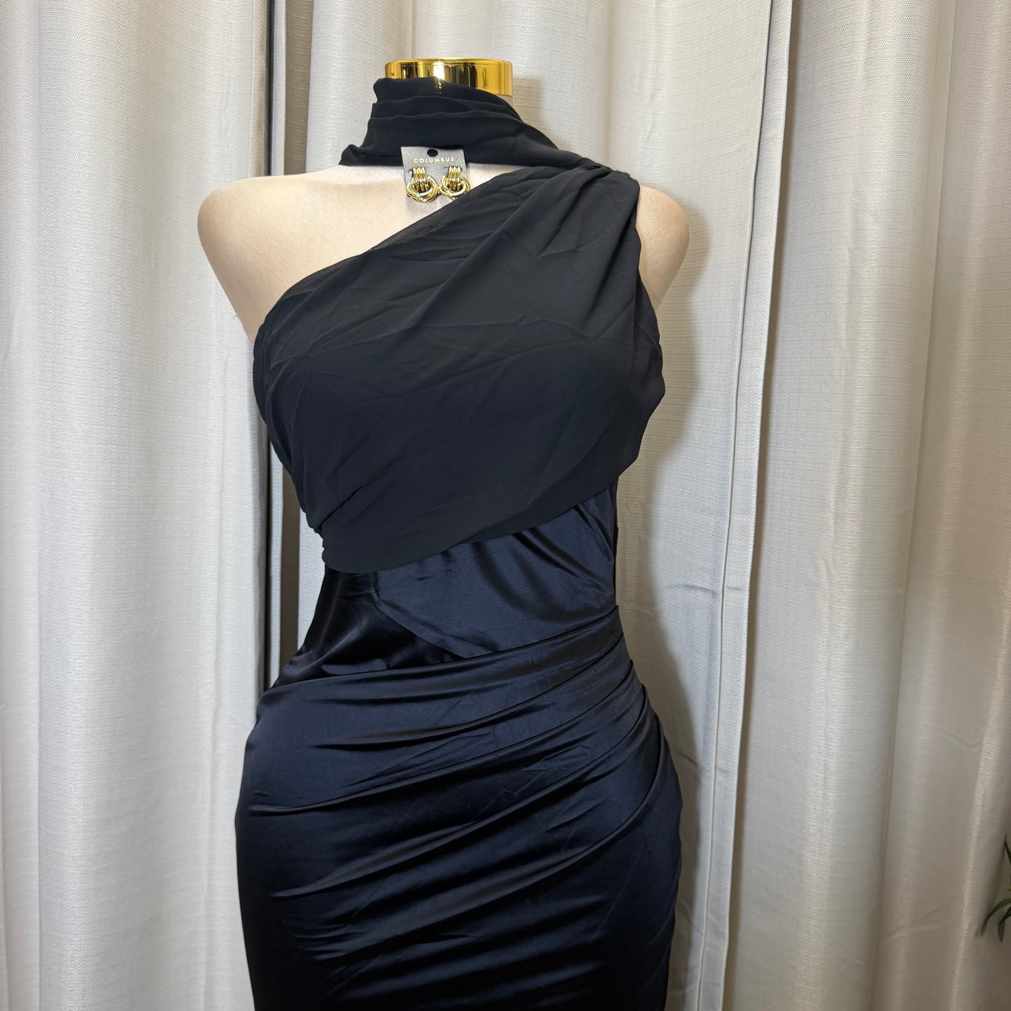 Pearl Satin with Chiffon Sash one Shoulder Dress-Black