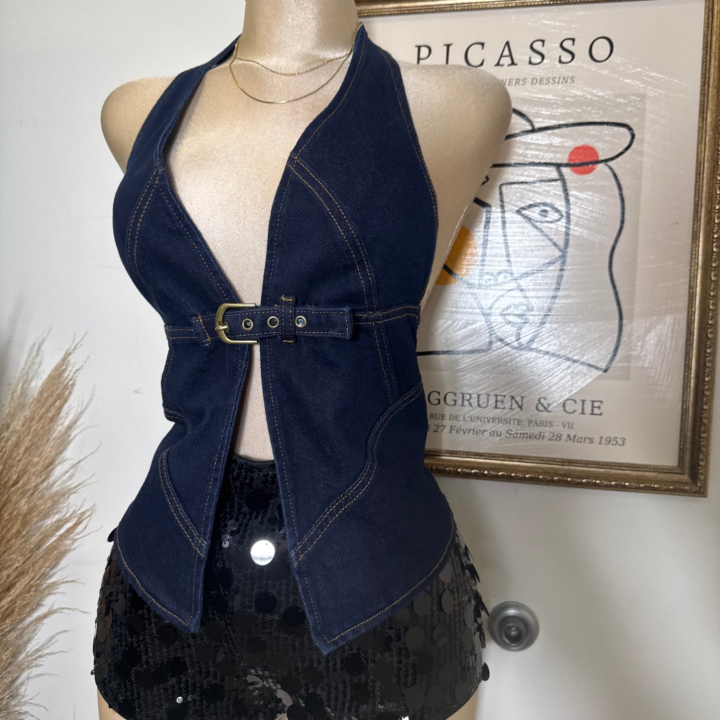 Halter Bust Belt Detail Denim Top-Denim