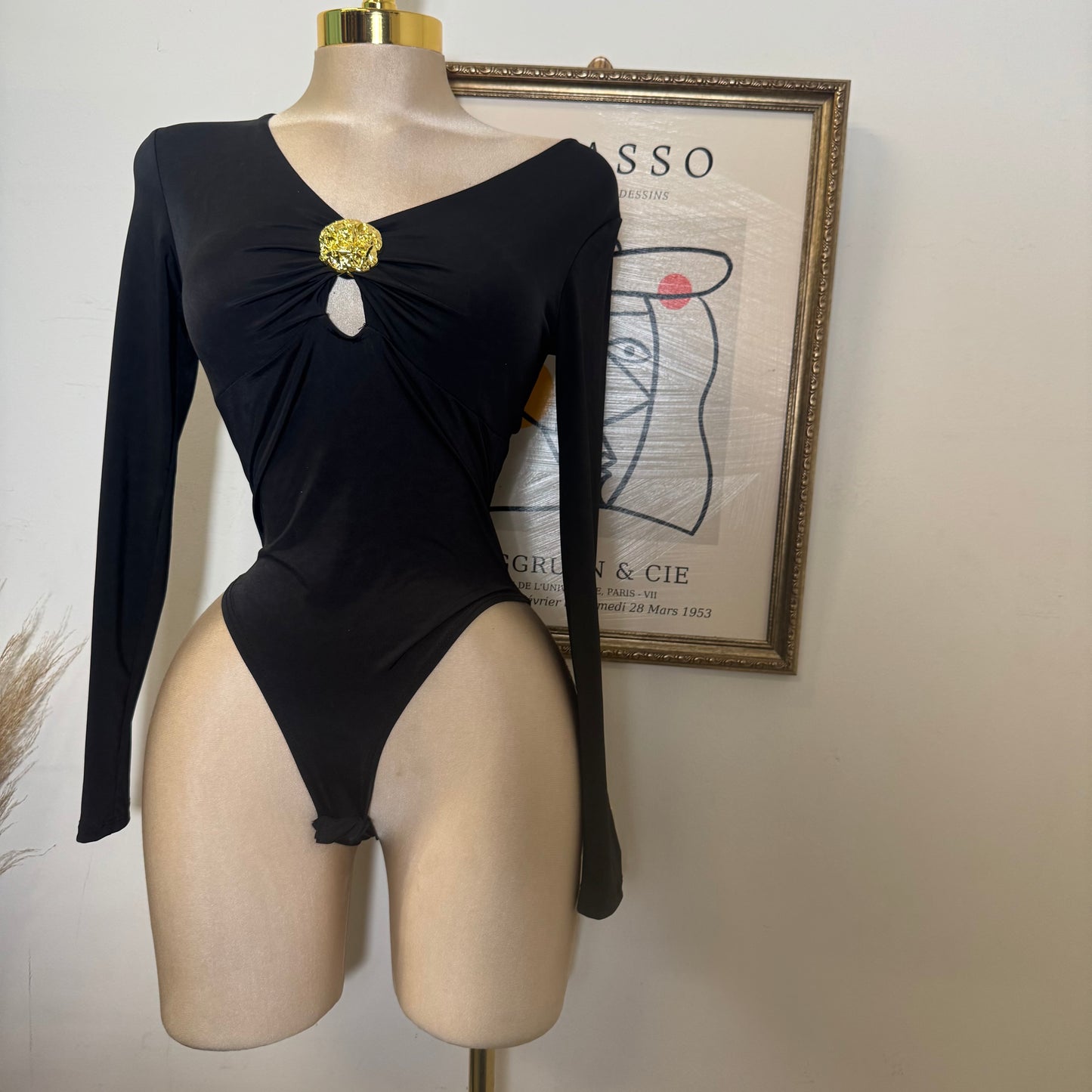 Long Sleeve Bodysuit with Gold Detail-Black