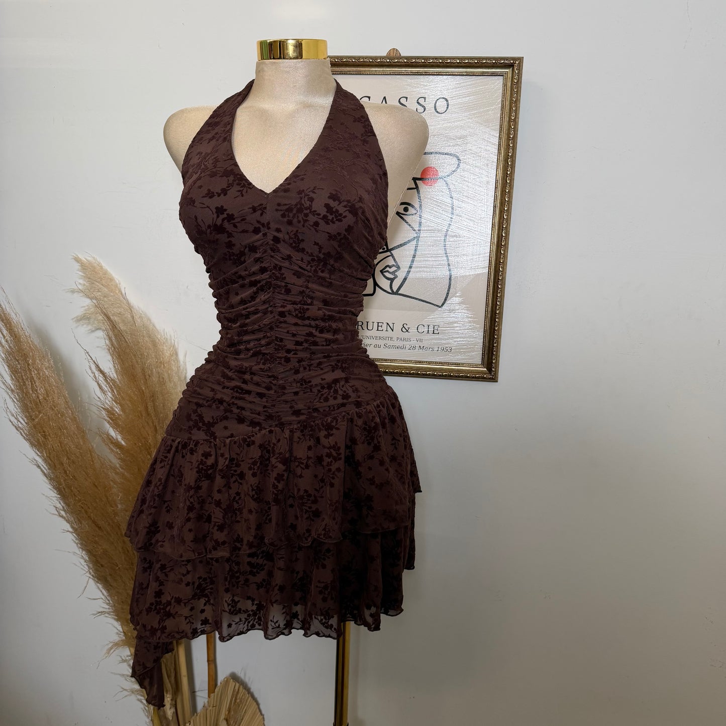 Halter Flower Print Dress-Brown