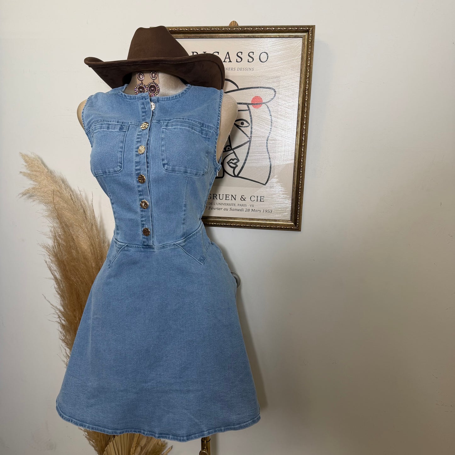 Round Neck Midi Denim Dress-LT Blue