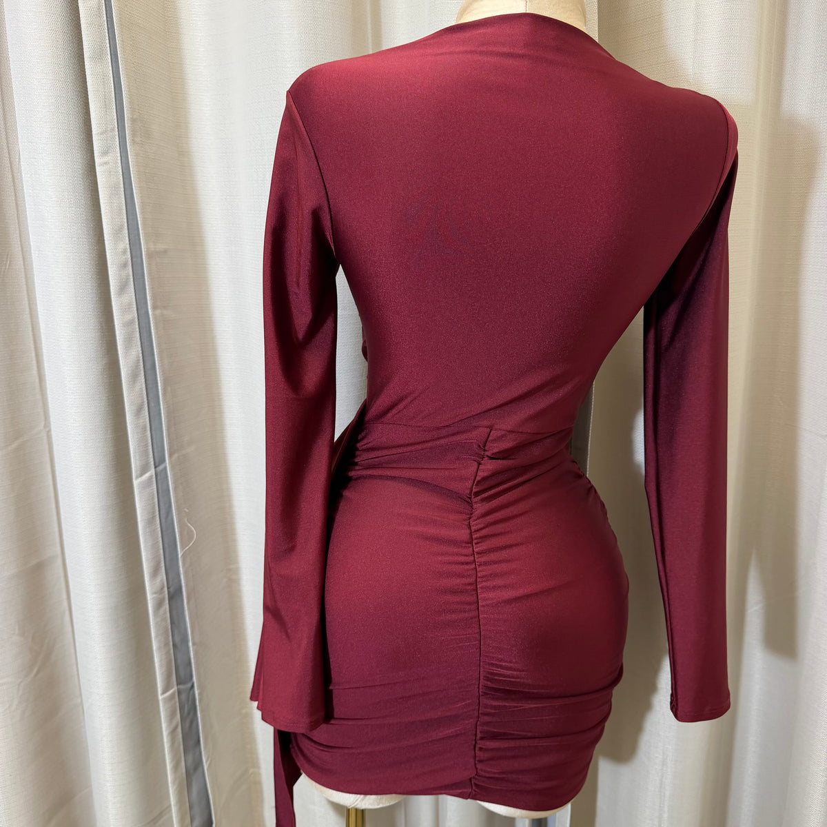 Long Sleeve Mini Dress Mock Neckline-burgundy