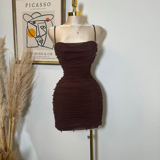 Pearl Mesh Ruched Sleeveless Mini Dress-Brown