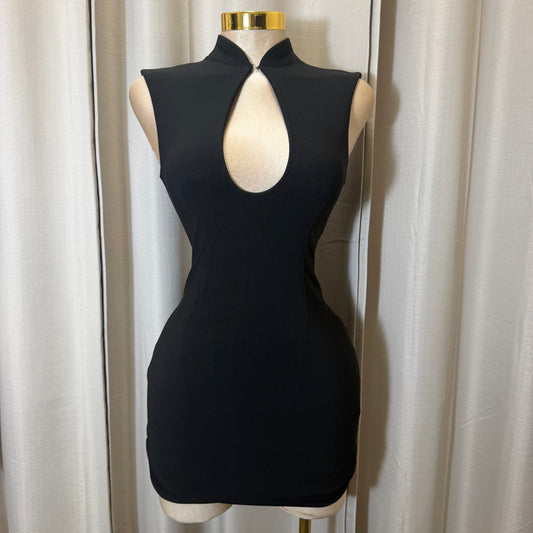 Mock Neck keyhole Mini Dress-Black