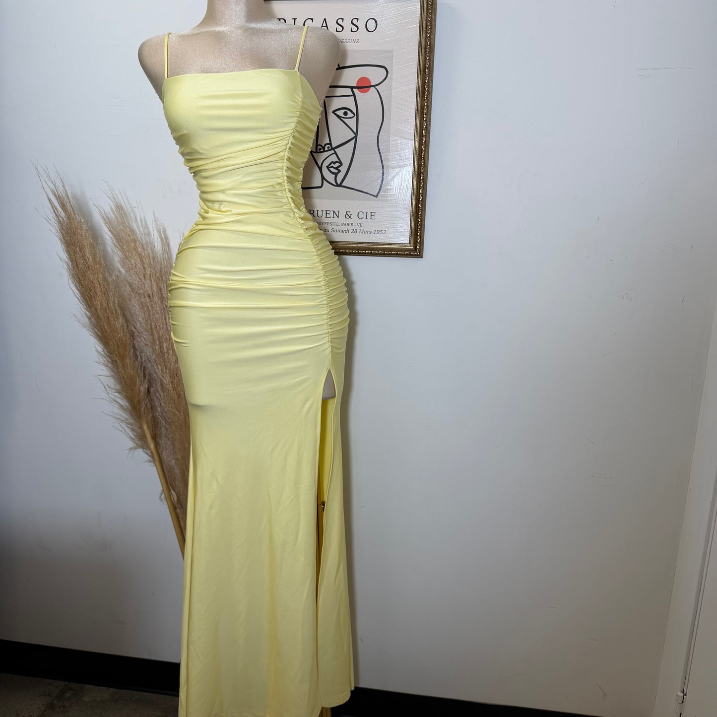 Ruched Slit Mermaid Maxi Dress-Yellow