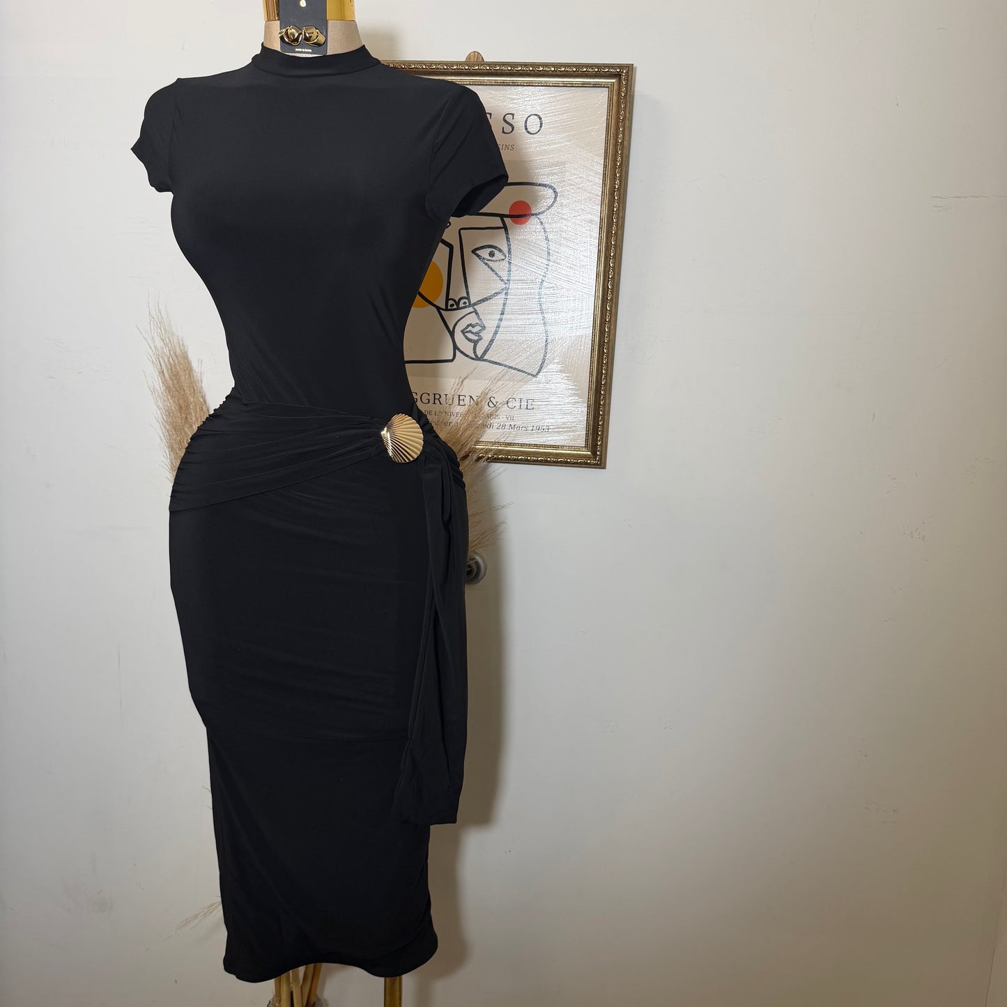 Shelf Gold Trim with Sash Detail Midi Dress-Black