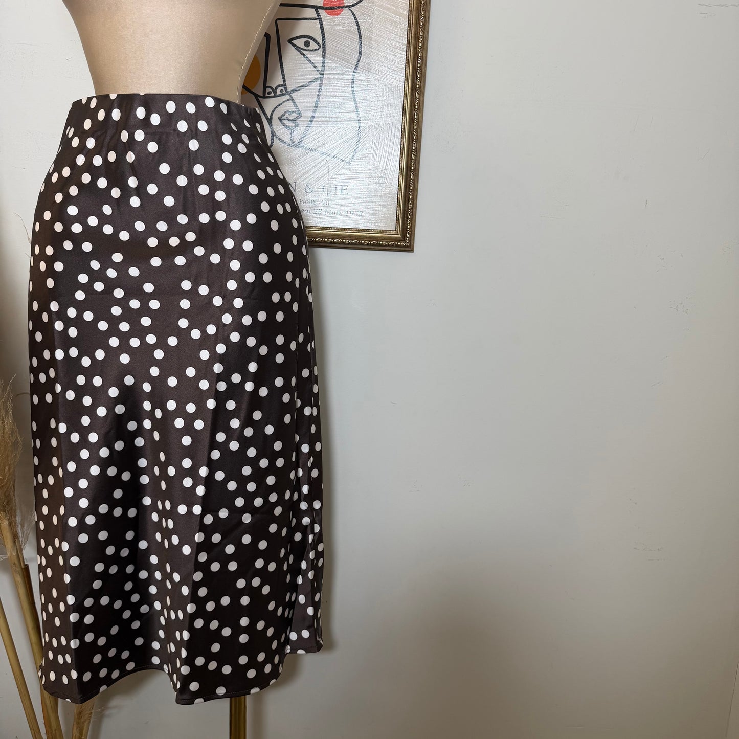 Polka Dot Print Satin Midi Skirt-brown