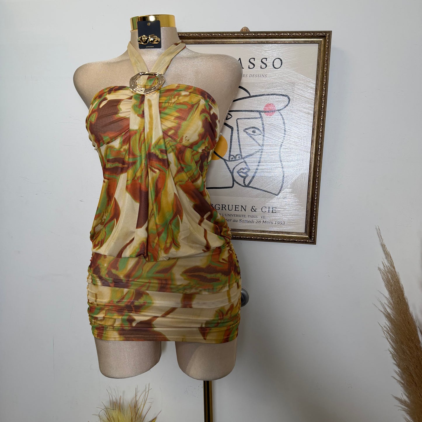 Multi Color Mesh with Metal Trim Mini dress-Yellow
