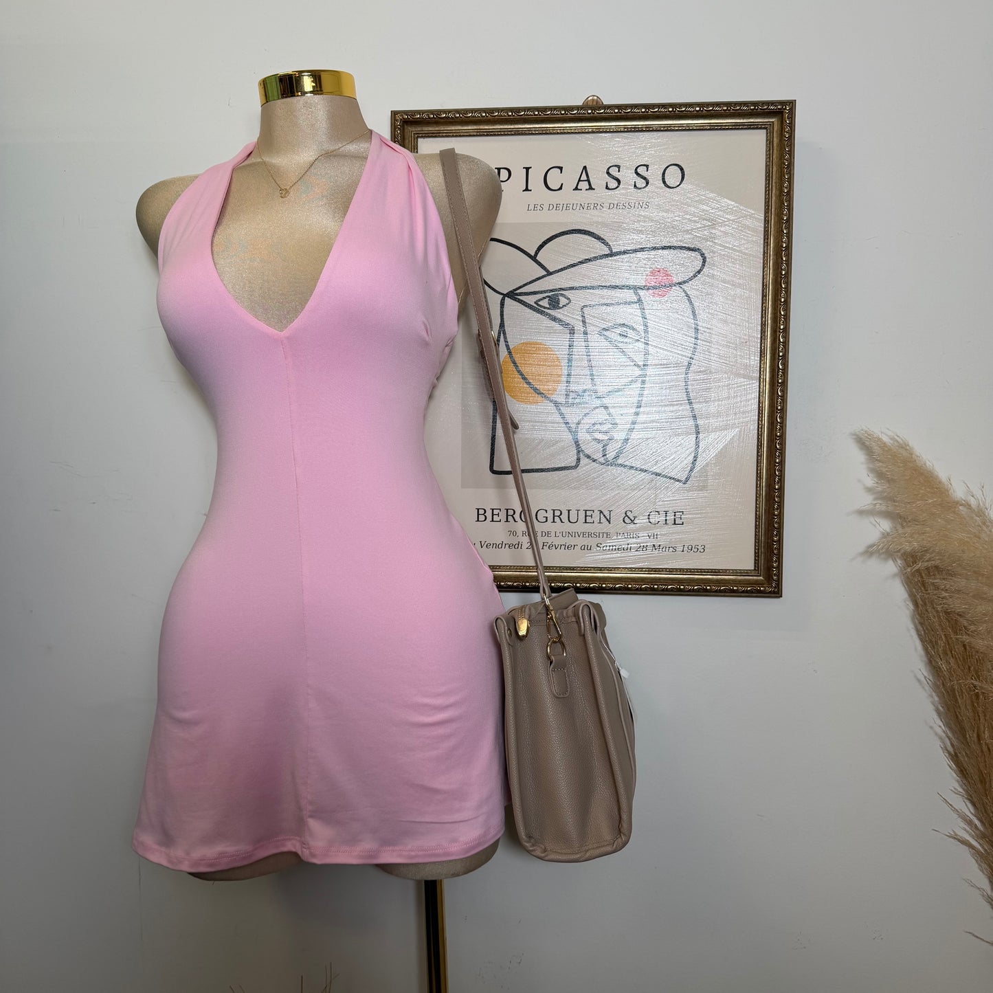 Halter Plunge V-Neck Mini Dress -Baby Pink