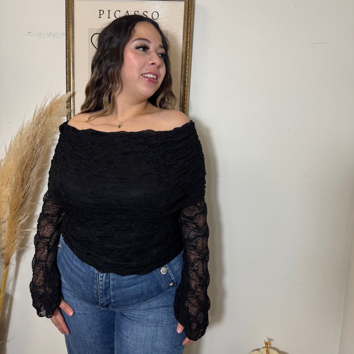 Lace Off Shoulder Top-Black