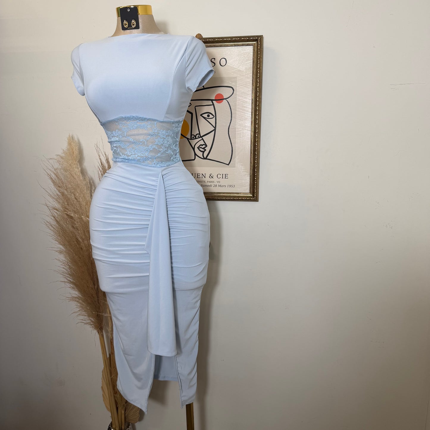 Lace Waist Contrast Midi Dress-Baby Blue