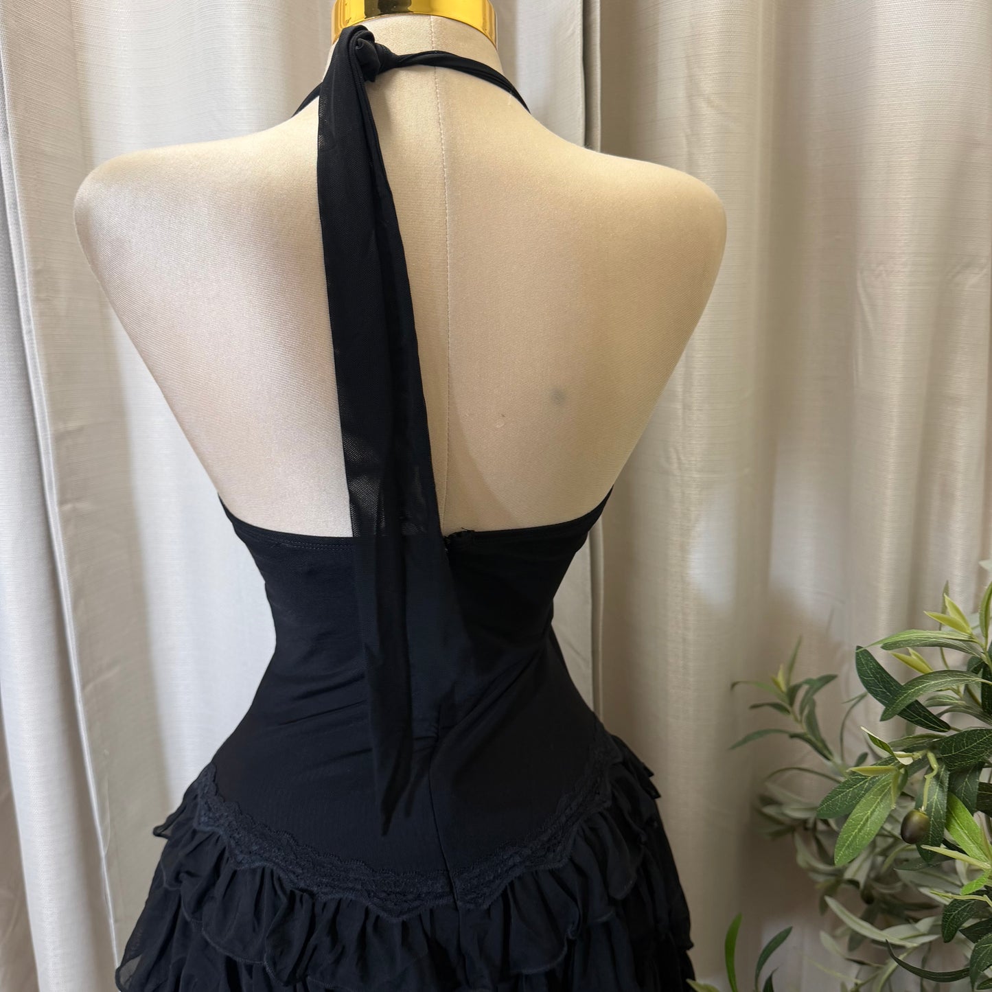 Halter Neck Mini Corset Dress with Layered skirt-Black