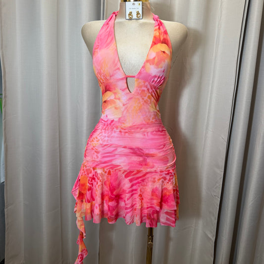 Halter Leopard flower Dress-Pink