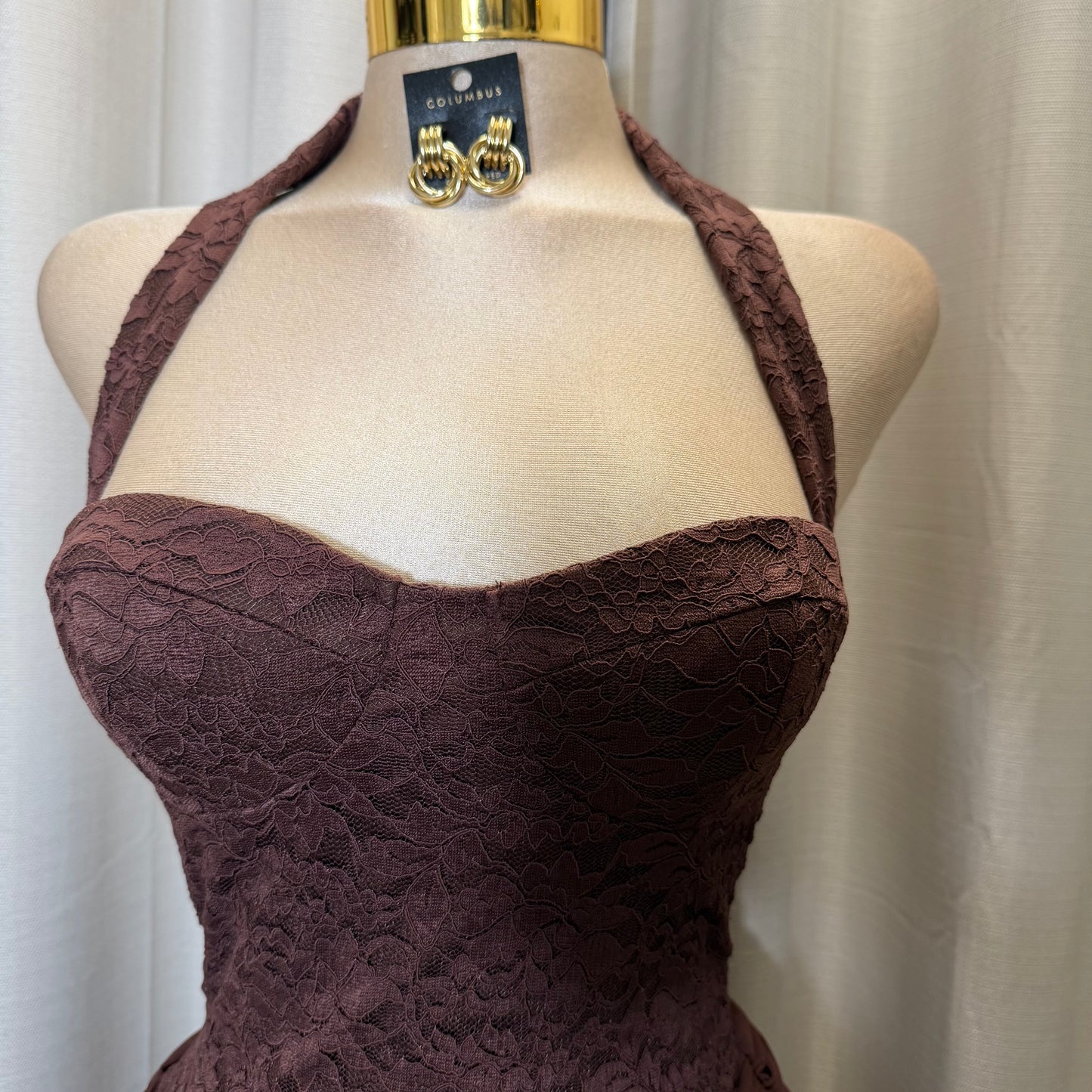 Halter Lace Gold Detail Mini Dress-Brown