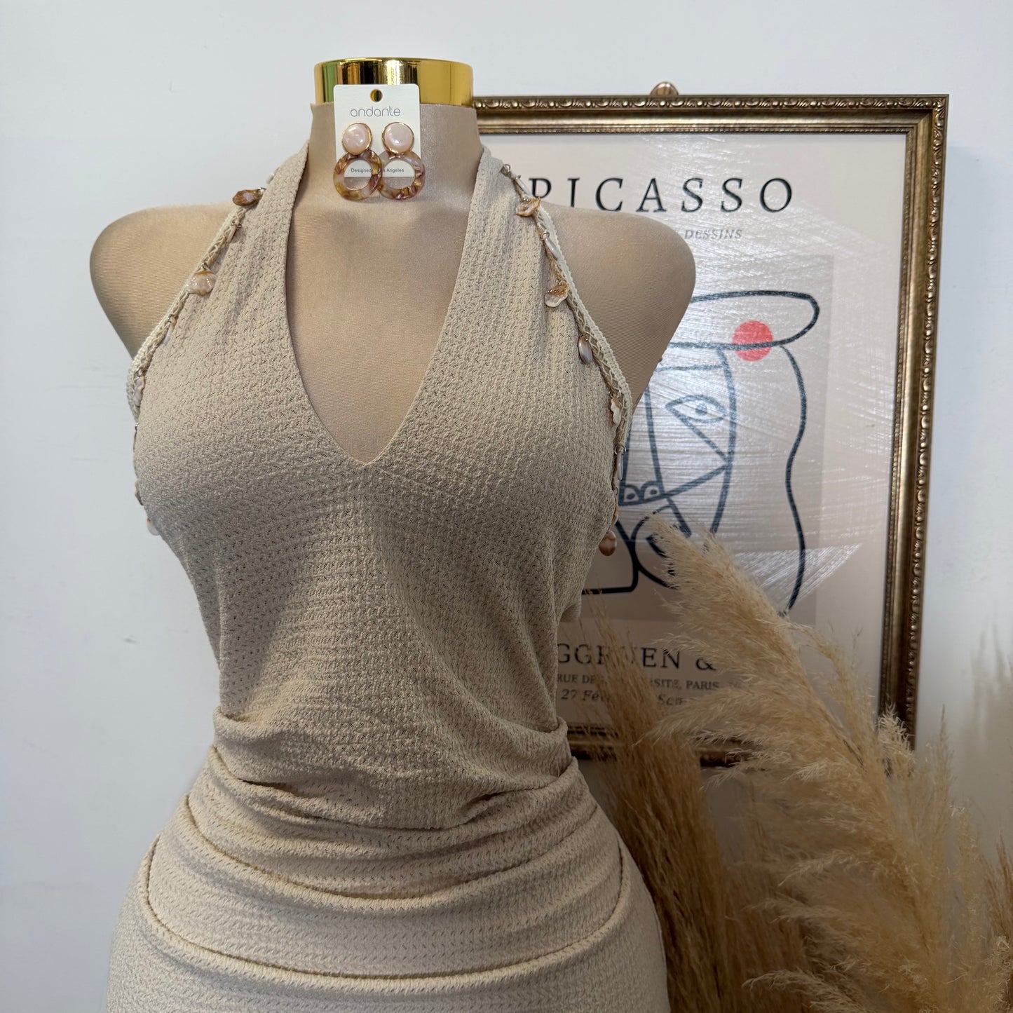 Shell Trim Detail Halter Neck Mini Dress-Natural