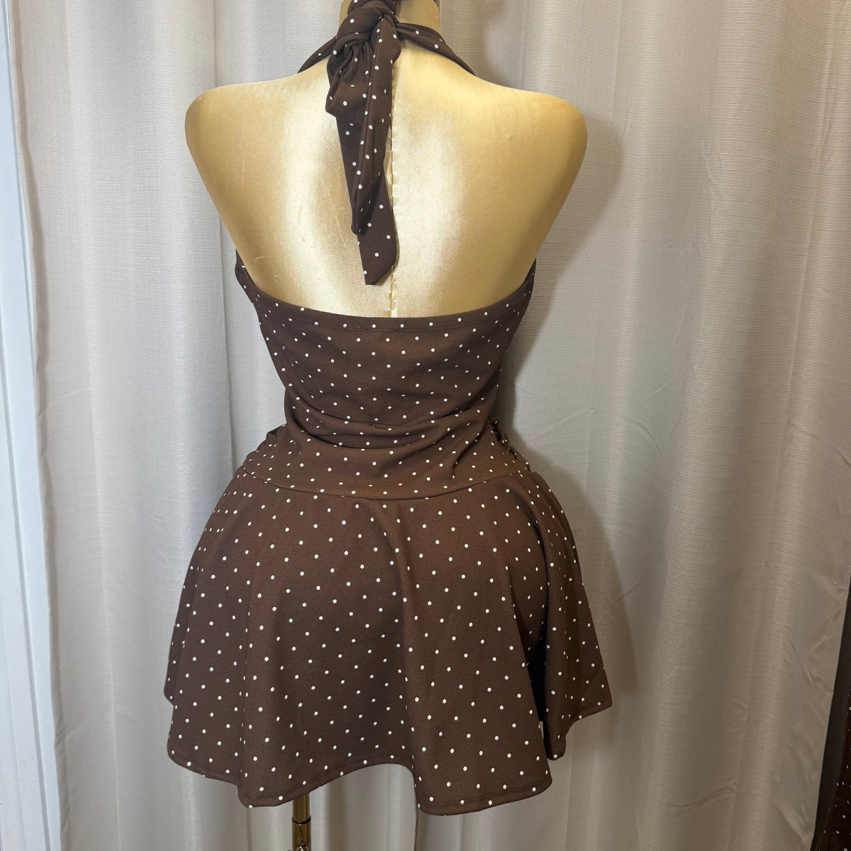 PL-Halter Polka Dot Dress-Brown/White
