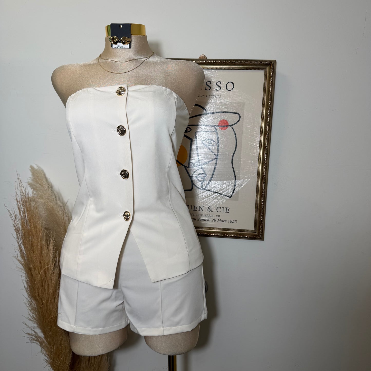 Strapless Gold Button Top Short Set-Ivory