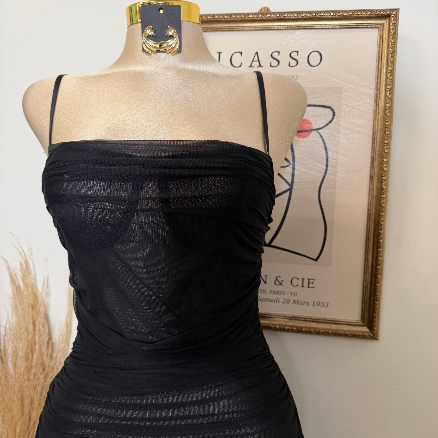 Ruched Mesh Bodycon Midi Dress-Black