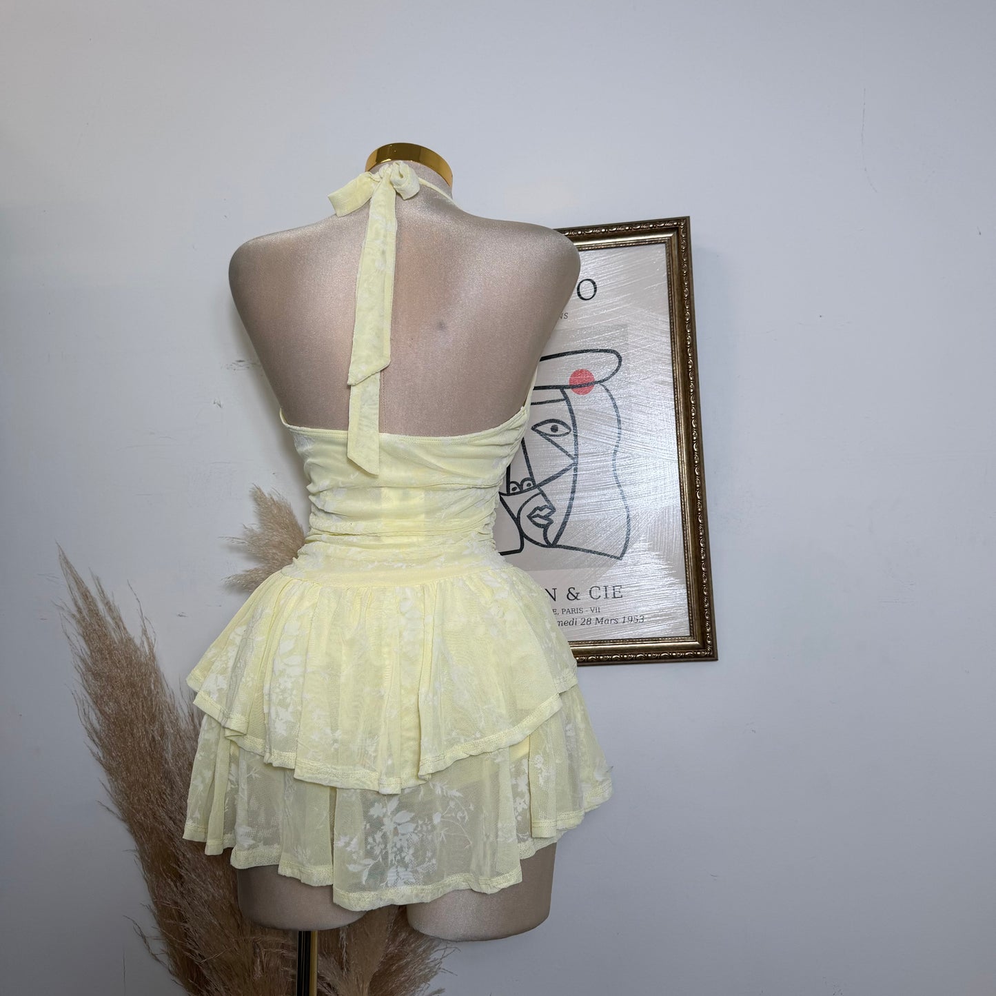 Floral Halter Double Layer Ruffle Mini Dress-Yellow