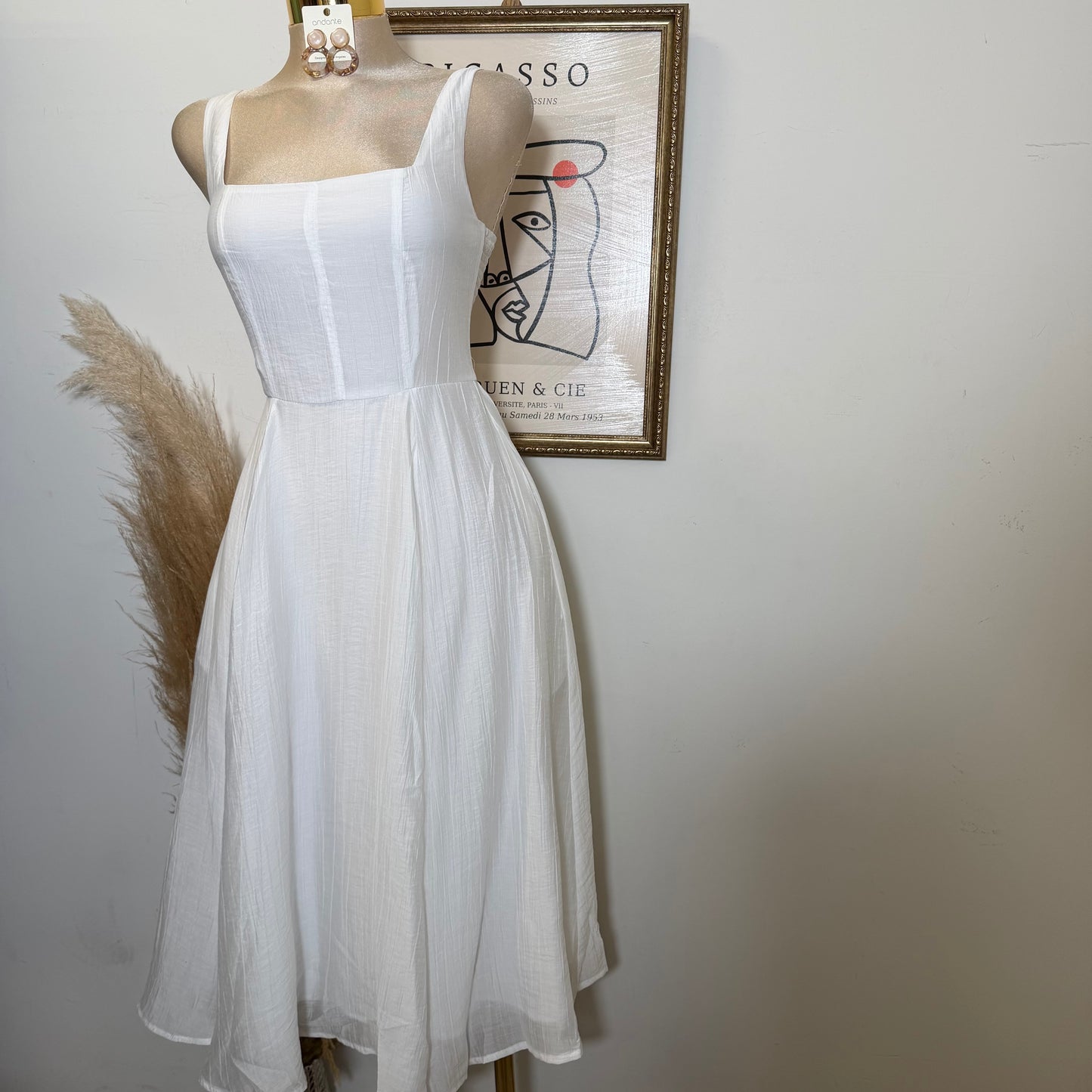 Square Neck picnic  Midi Dress-white