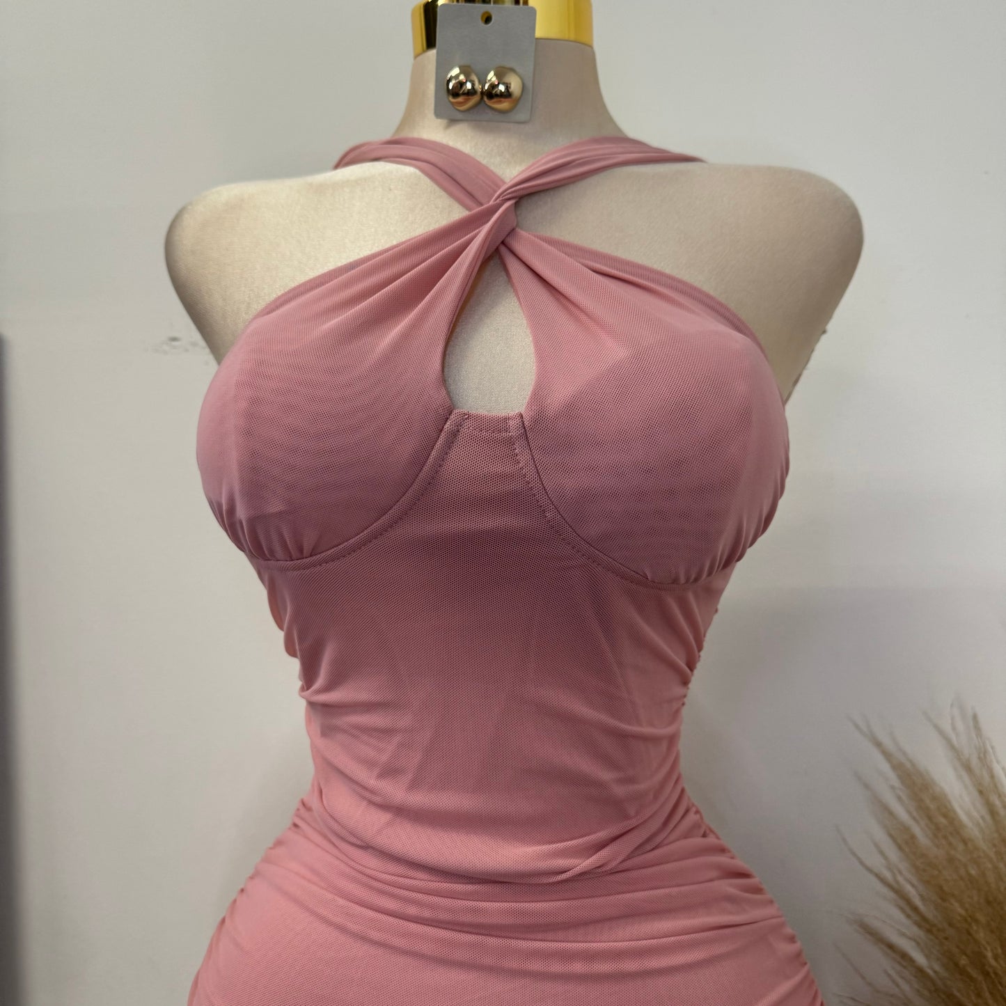 Inara Mesh Twist Halter Neck Midi Dress-Mauve