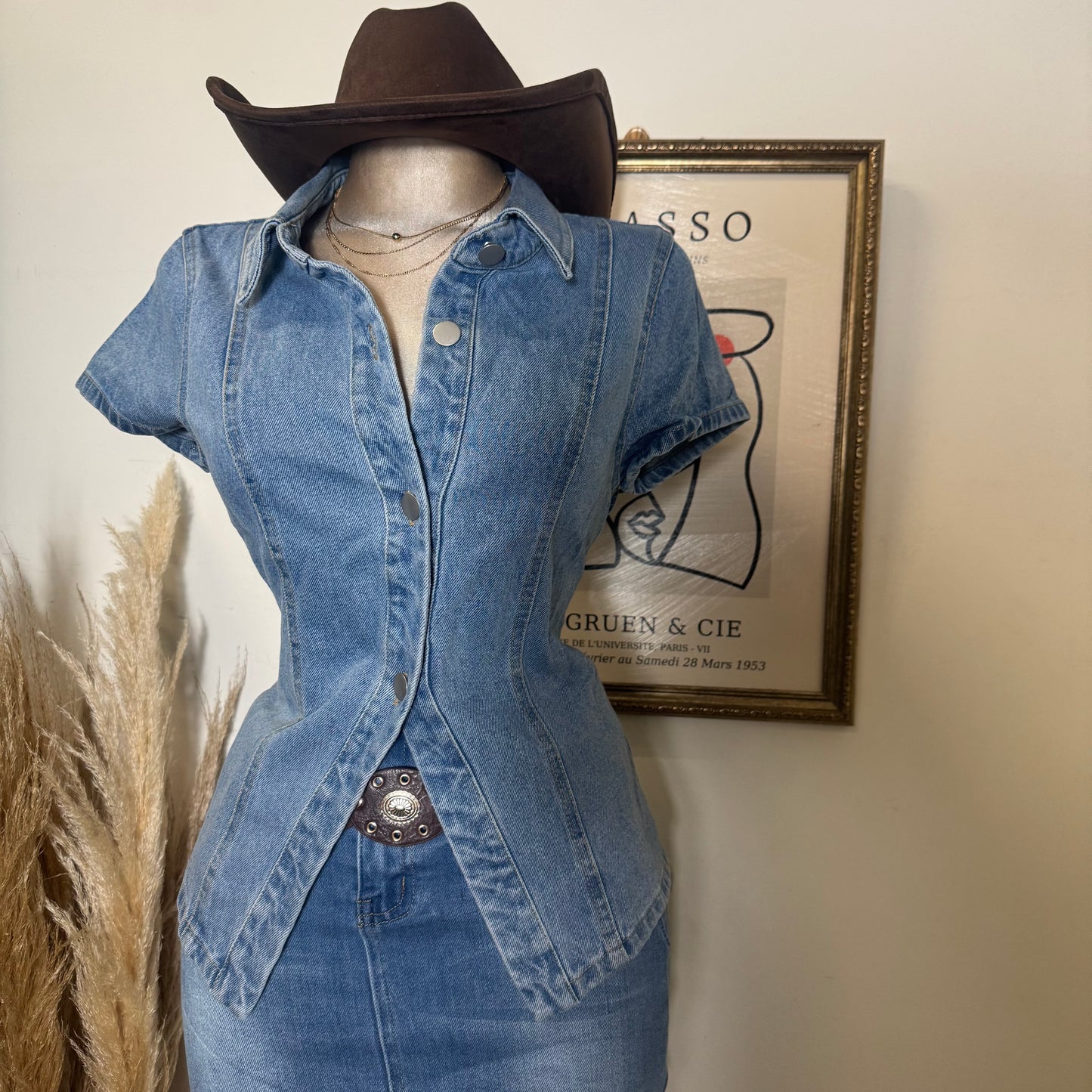 Short Sleeve Button Front Denim Top-Blue