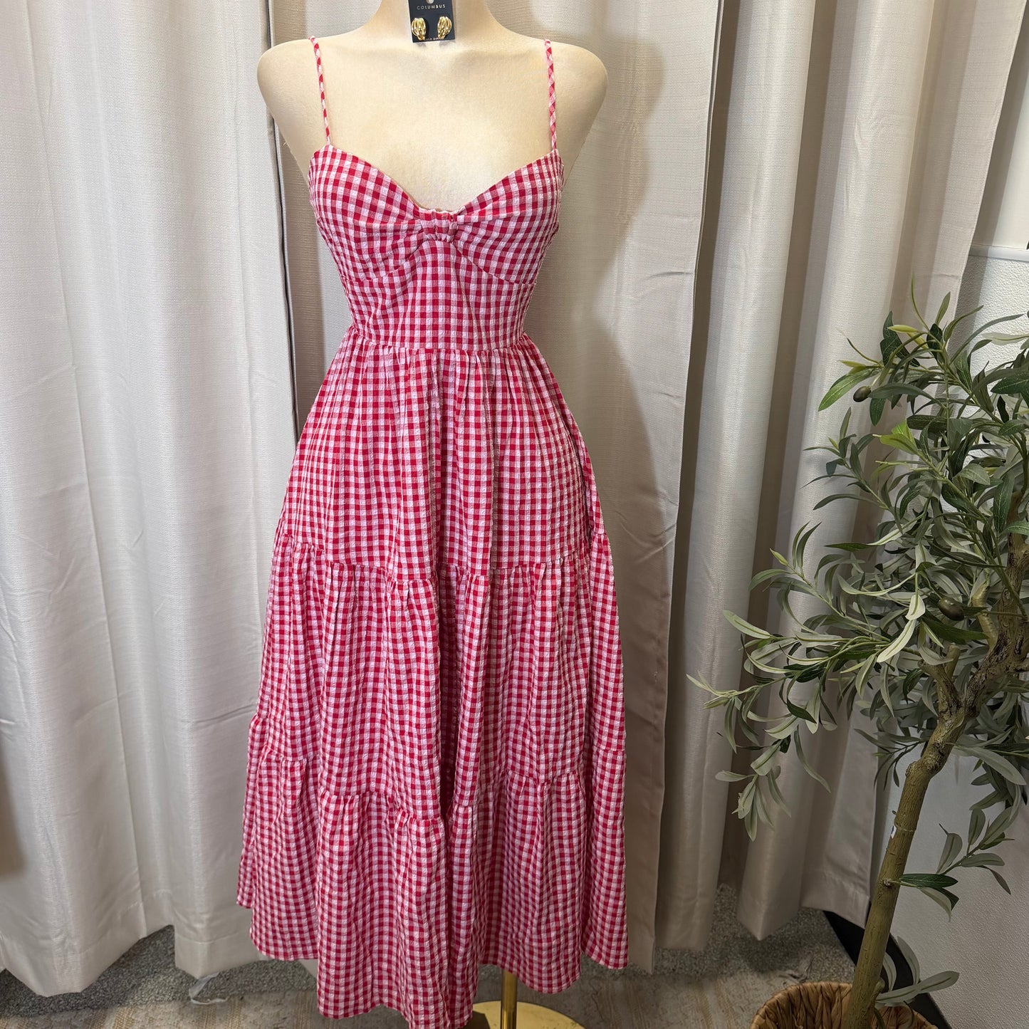 Gingham Poplin Bow bust Tie back Tiered Maxi Dress-Red