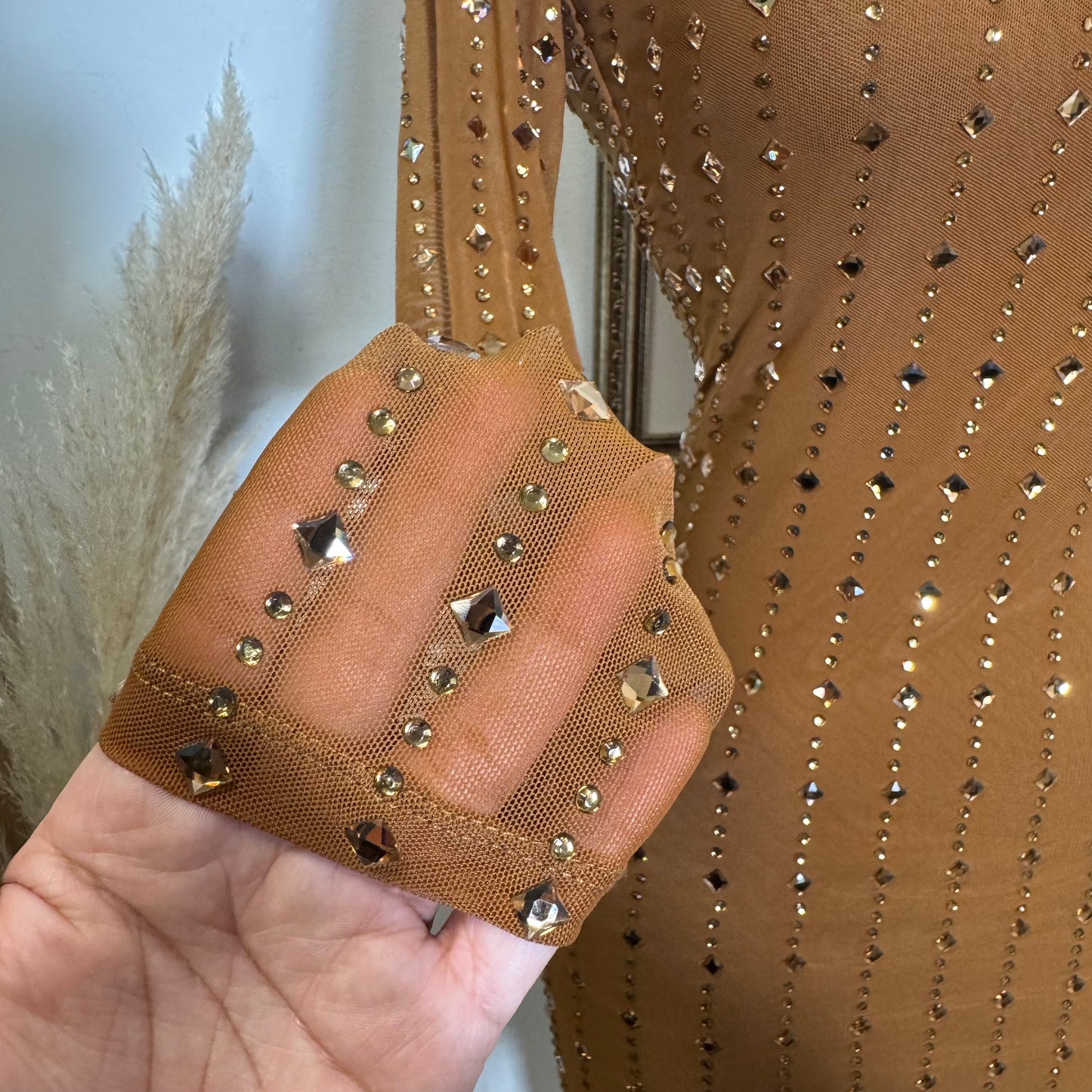Square Rhinestone On Mesh Midi Dress-Mocha
