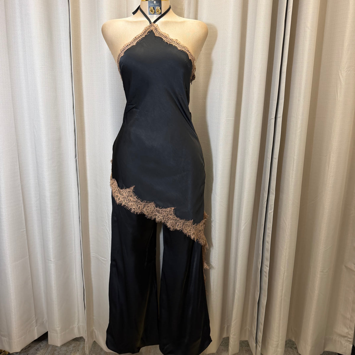 Contrast Lace Trim Satin Halter Jumpsuit-Black/brown