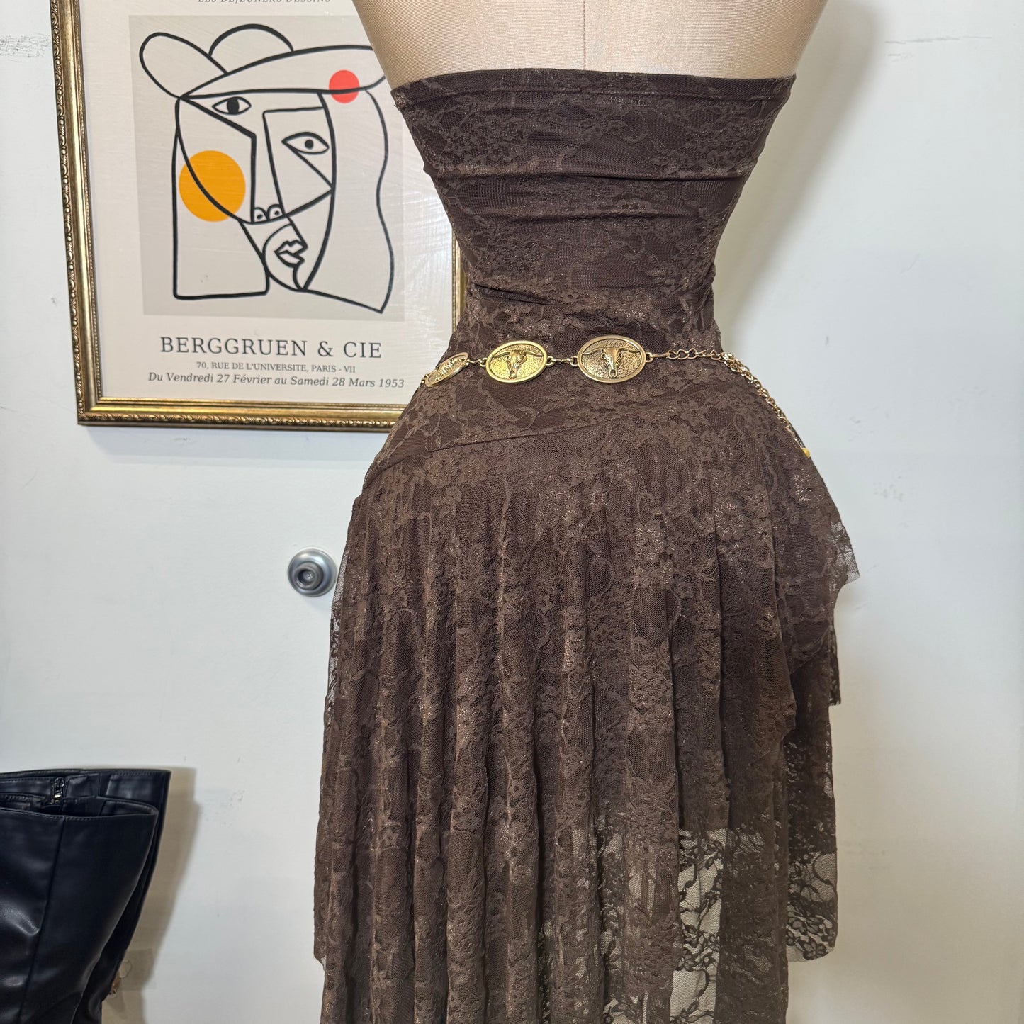 Lace Double Layer Ruffle Asymmetrical Maxi Dress-Brown