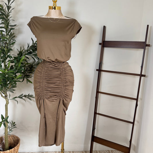 Ruched Elegance Draped Midi Dress-Mocha