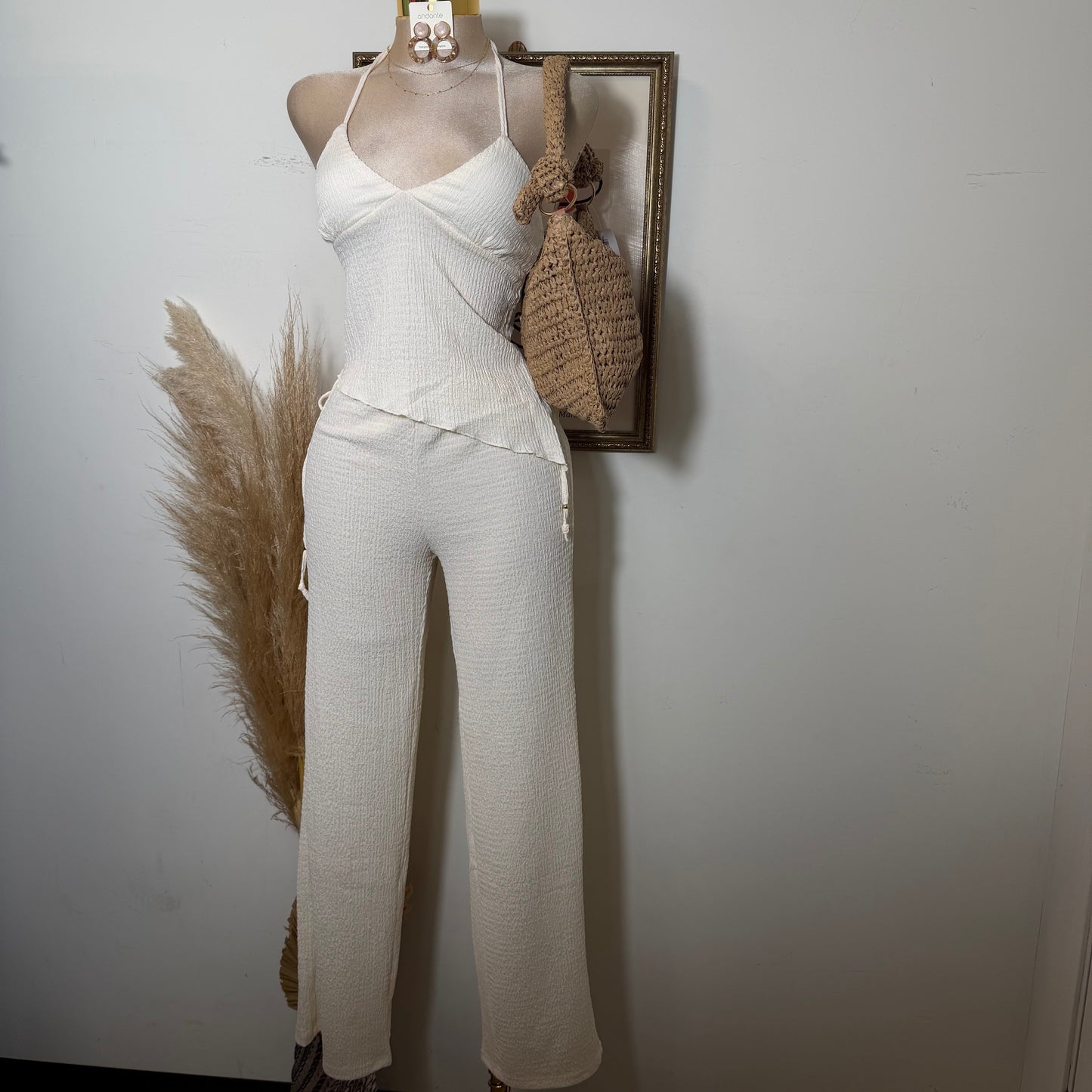 Asymmetrical hem Halter Top Wide leg Set-Ivory