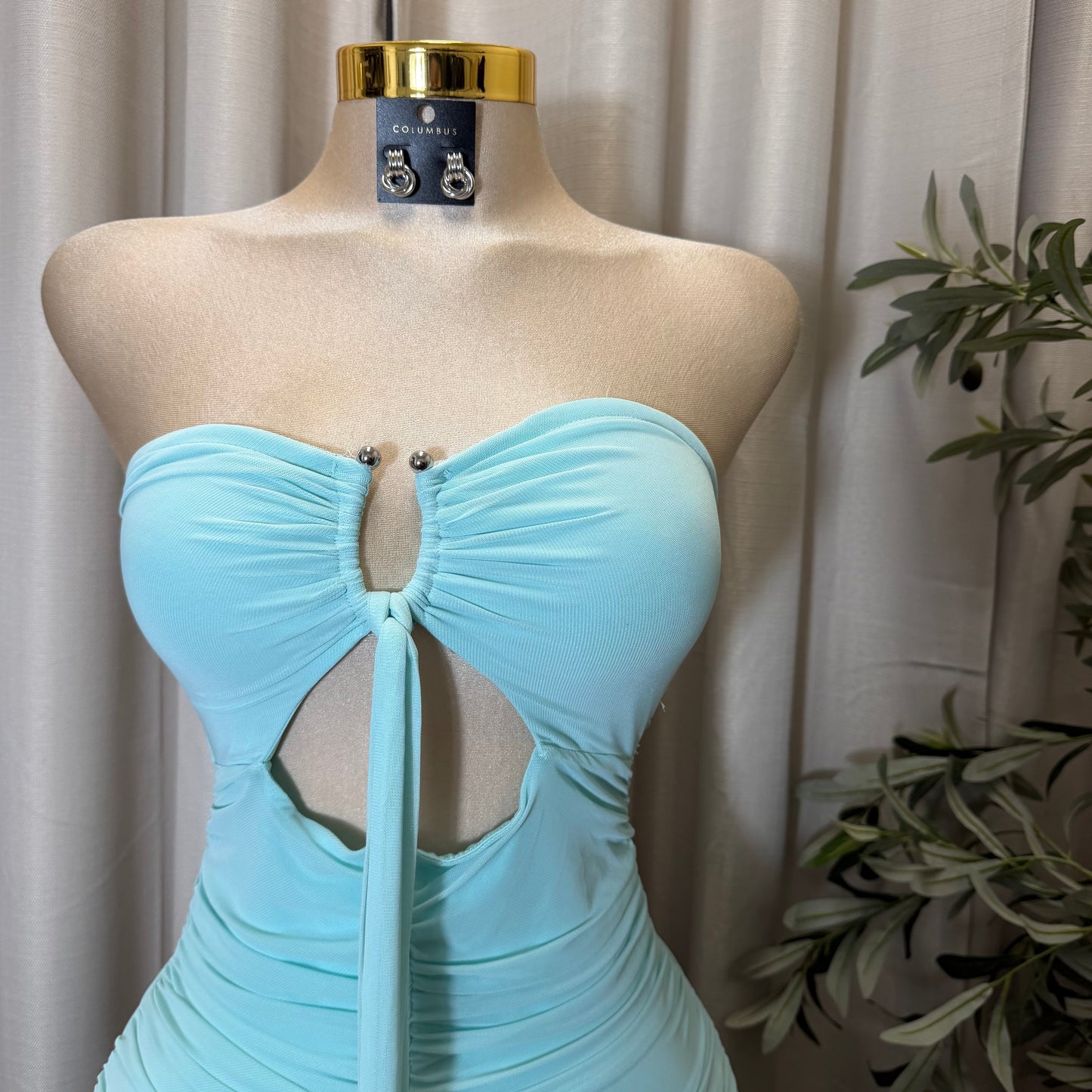 Tube Mesh Maxi Dress With front keyhole and tie Detail-Aqua