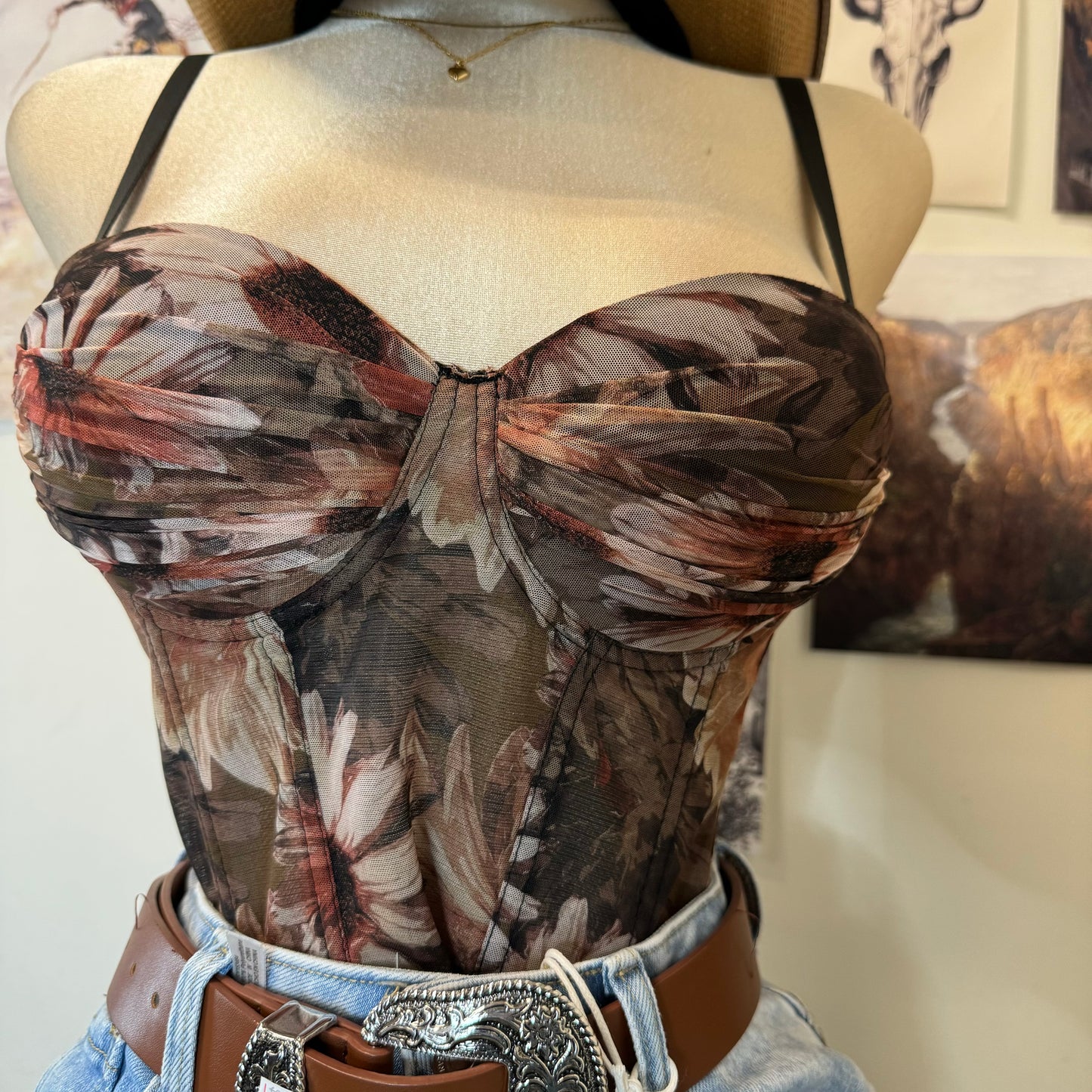 Flower Corset Cropped Top-Brown