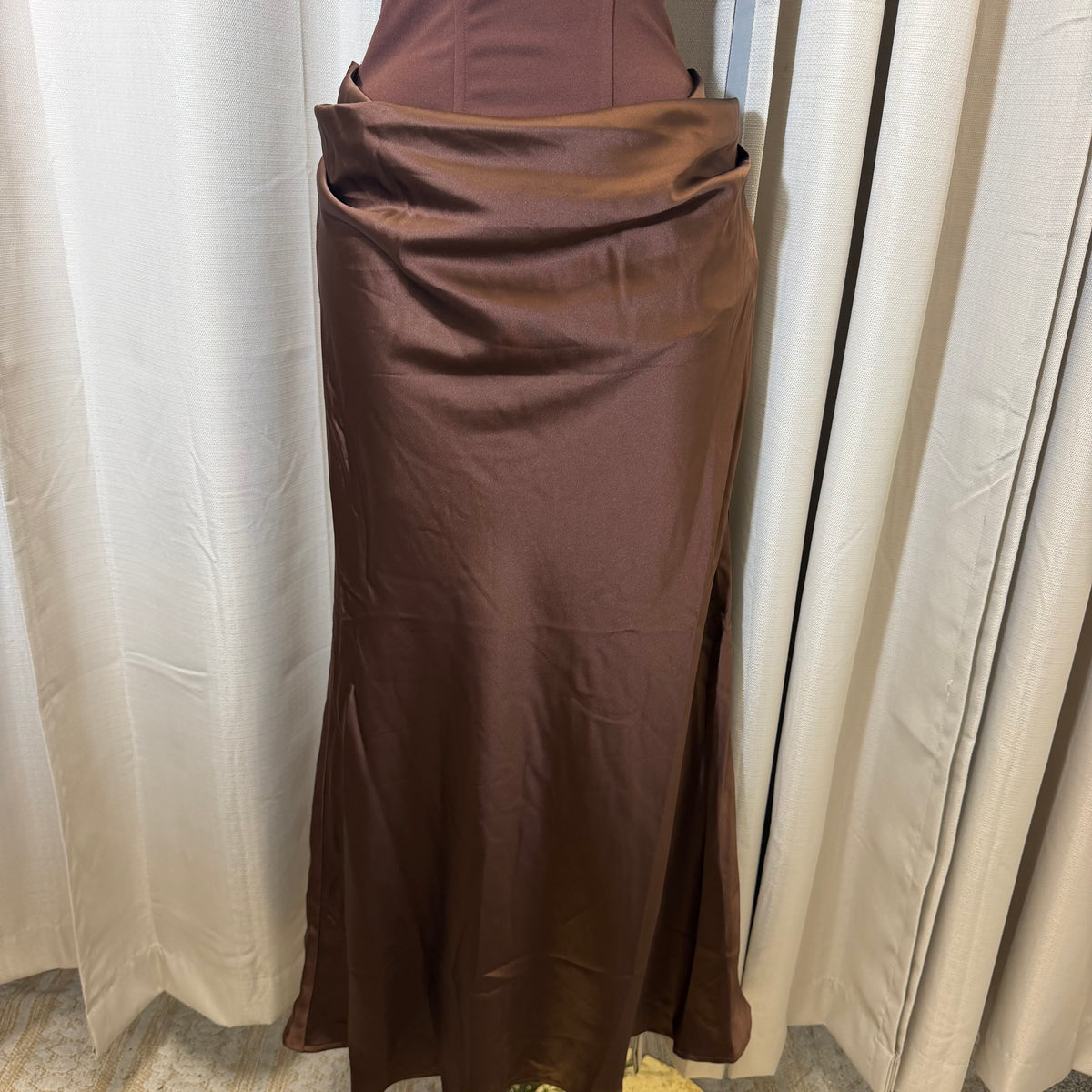 Satin Strapless Sweetheart Neckline Cowl Hip lace Maxi Dress-Brown