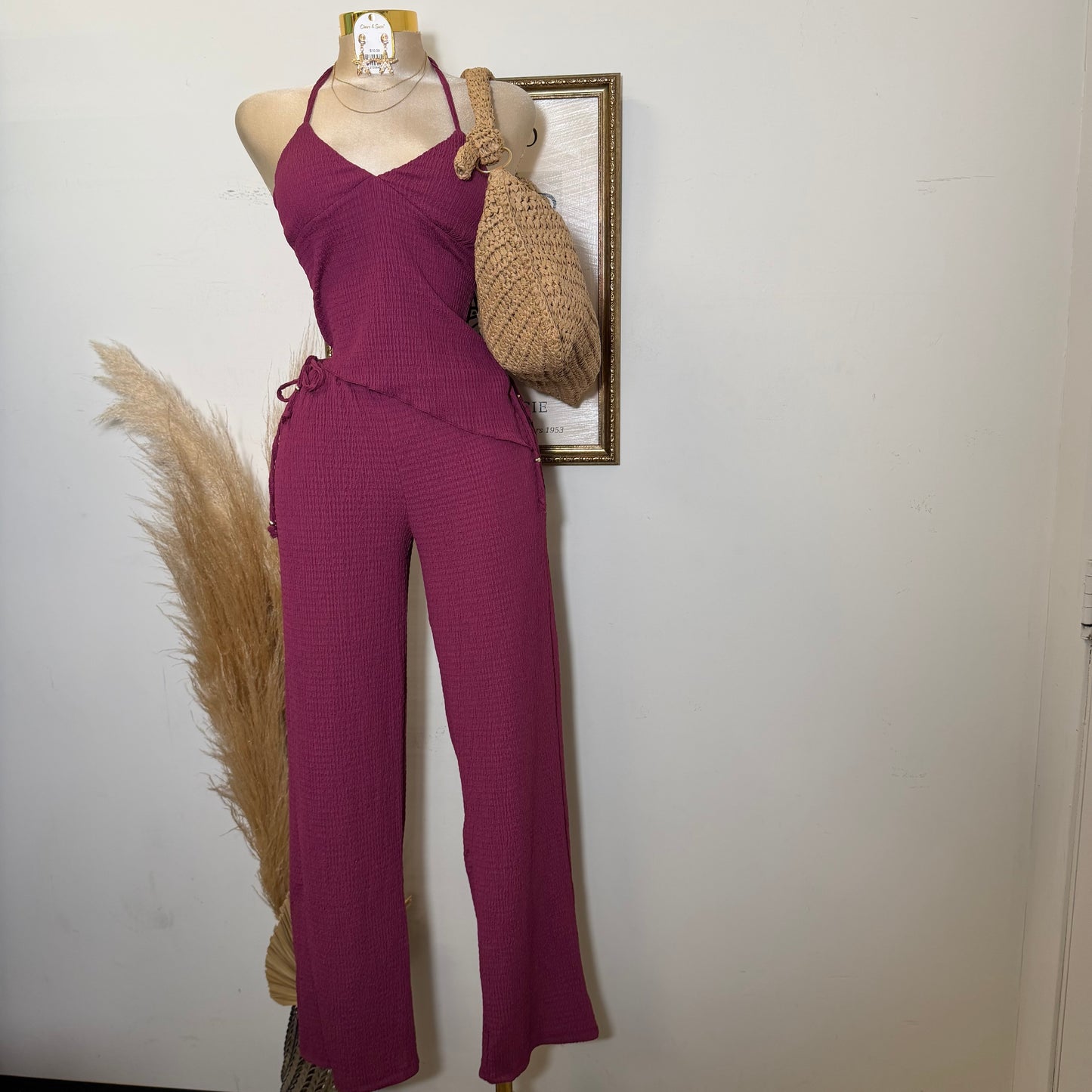 Asymmetrical hem Halter Top Wide leg Set-Berry