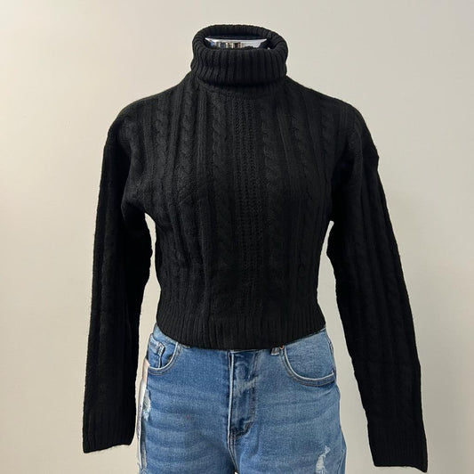 Lea High Neck Cable Knit Cropped Sweater Top- Black